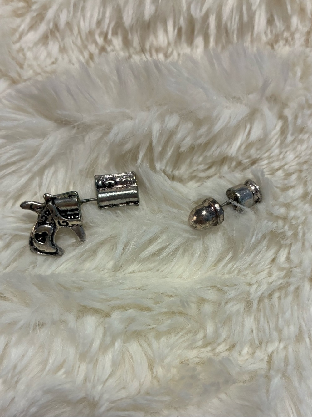 Silver Tone Western Revolver Stud Earrings - Gun & Bullet Set